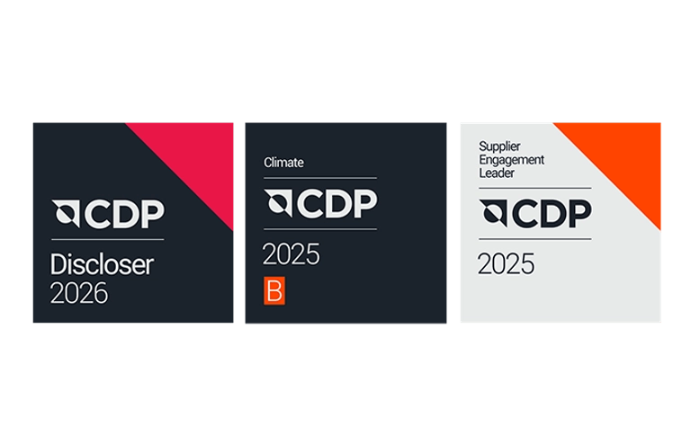 Three CDP badges: Discloser 2026; Climate 2025 B; Supplier Engagement Leader 2025.